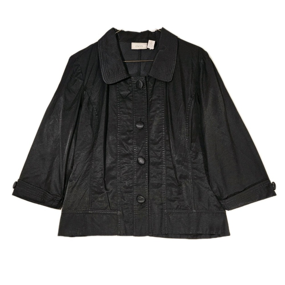 Chicos Blazer Size 2 (L) Black Jacket Blazer 3/4 Sleeves Button Up Classic